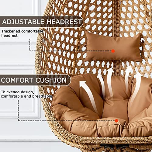 Hanging Egg Chair with Stand & Cushions, Outdoor and Indoor Hammock Rattan Swing Chair 350 lbs Capacity with Aluminum Steel Frame for Patio, Balcony, Backyard and Living Spaces (Light Brown)