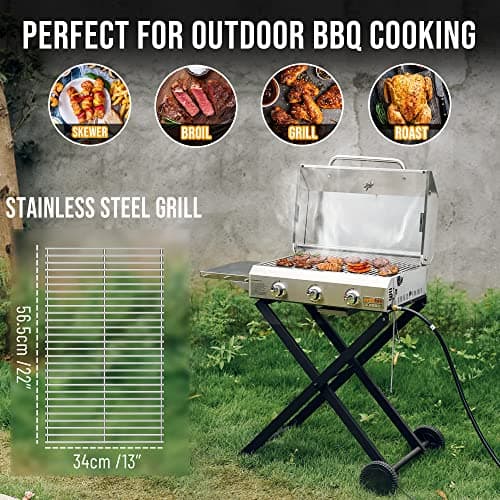 Onlyfire BBQ Gas Grill 3-Burner with Foldable Cart & Side Table, Portable Propane Grill with Lid for Outdoor Patio Backyard Barbecue Camping Tailgating RV Trip, Stainless Steel, GS308
