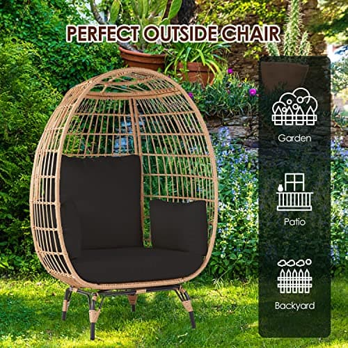 Oversized Wicker Egg Chair Set of 2, Outdoor Indoor Lounger with 4 Cushions, 440lb Capacity, Egg Basket Chair for Living Room, Backyard, Balcony, Patio, Black