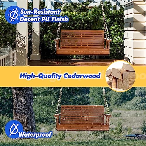 VINGLI Upgraded Patio Wooden Porch Swing for Courtyard & Garden, Heavy Duty 880 LBS Swing Chair Bench with Hanging Chains for Outdoors (Brown, 4 FT)