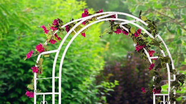Evergreen Plow & Hearth Montebello-Gunmetal Garden Arbor - 7 Feet Tall | Slim Metal Arch with Iron Trellis for Climbing Plants | Elegant Wedding Arbor | Outdoor Patio & Garden Decor