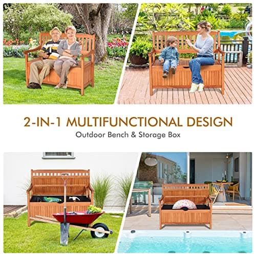 Safstar Outdoor Patio Bench with Storage Box, 33 Gallon Capacity, Wooden Frame, Eucalyptus Material, Natural Color, 42 x 23 x 35.5 Inches