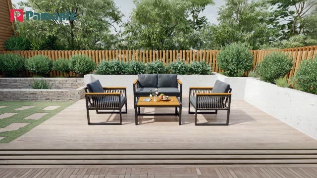 Pamapic 4 Pieces Outdoor Patio Furniture Set, Modern Metal Balcony Furniture with Plastic-Wood Coffee Table, All-Weather Patio Conversation Set with Thick Cushion for Balcony, Porch, Gray