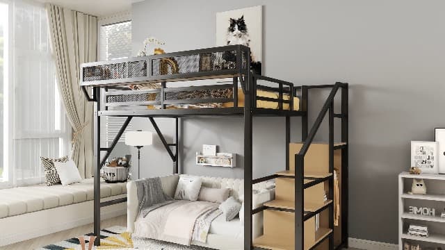 Full Size Loft Bed with Stairs and Storage, Metal Loft Bed Frame with Bedside Shelf and Large Under-Bed Space, Heavy-Duty Bed for Adults Teens and Kids, Black