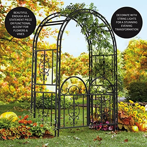 Plow & Hearth Arch Metal Outdoor Garden Arbor Double Gate | Montebello | 7 Feet Tall | Gunmetal Black | Trellis Lattice Climbing Plants