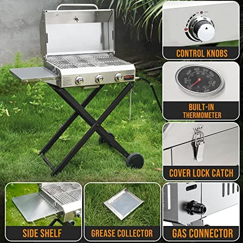 Onlyfire BBQ Gas Grill 3-Burner with Foldable Cart & Side Table, Portable Propane Grill with Lid for Outdoor Patio Backyard Barbecue Camping Tailgating RV Trip, Stainless Steel, GS308