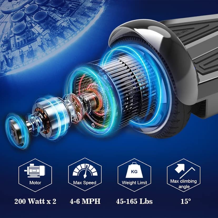 Starship Electric Hoverboard with Bluetooth Speaker, Chrome Color Self Balancing Scooters with Science Fiction Design and 6.5 inch LED Wheels (Chrome Black)