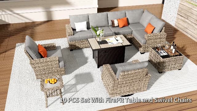 HOOOWOOO Outdoor Sectional Patio Furniture Set with Fire Pit Table,13 Pieces Wicker Conversation Sets L Shaped Couch,Extra Deep Out Door Sofa Outside Furniture with Swivel Chairs,Beige
