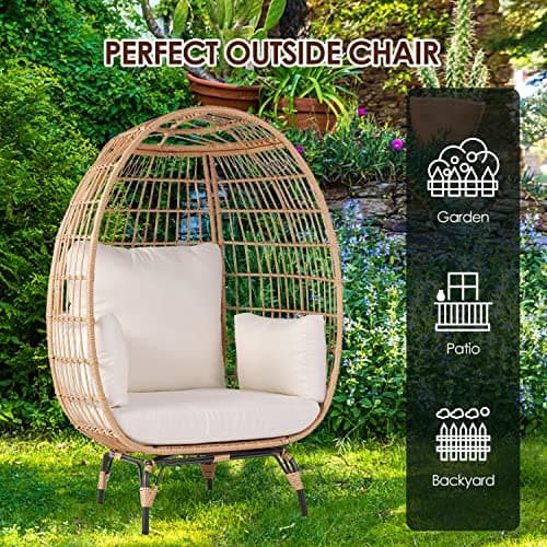 Oversized Wicker Egg Chair Set of 2, Outdoor Indoor Lounger with 4 Cushions, 440lb Capacity, Egg Basket Chair for Living Room, Backyard, Balcony, Patio, Beige