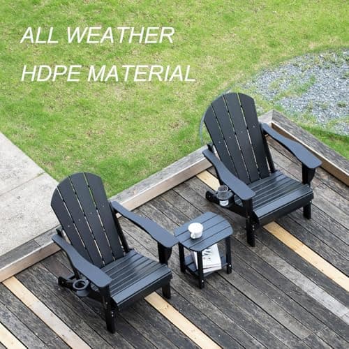 nalone Folding Adirondack Chairs Set of 2 with Cushions and Cup Holder, HDPE Plastic Oversized Patio Chair Weather Resistant, Used in Outdoor, Fire Pit, Deck, Garden, Campfire Chairs (Black)