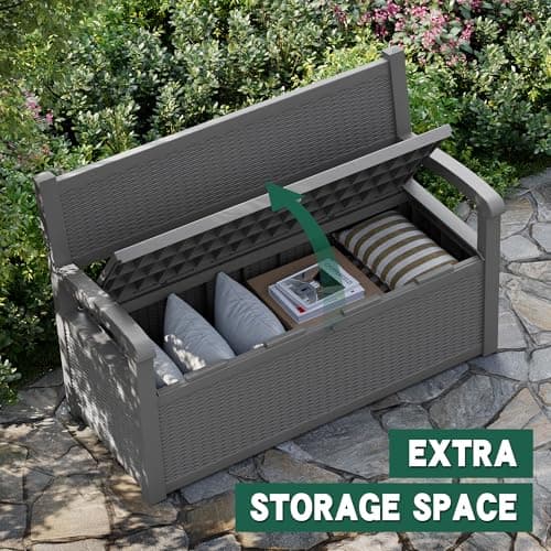 70 Gallon Outdoor Storage Bench Deck Box Lockable for Patio Furniture, Outdoor Porch Bench with Storage Waterproof for Cushions, Garden Tools and Pool Supplies, Grey