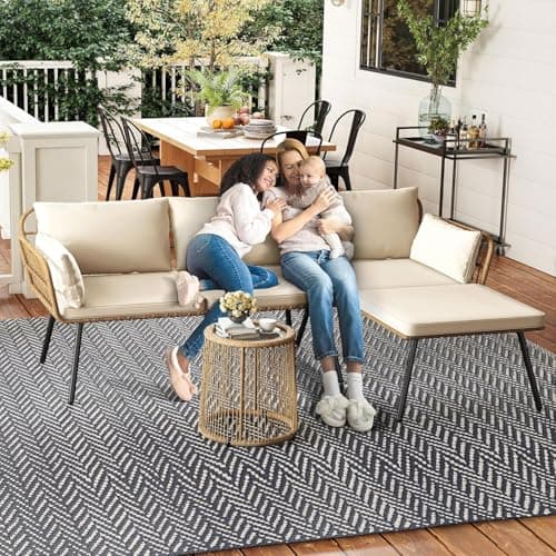 DWVO Patio Furniture Set 3 Piece Outdoor Wicker Conversation Set with Detachable Cushions and Coffee Table L-Shaped Sectional Sofa Set Outdoor Furniture Set for Backyard Porch Deck - Beige