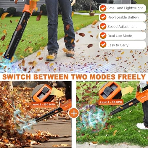 2025 Upgrade Leaf Blower, Leaf Blower Cordless with 2*2.6AH Batteries and Fast Charger, 450CFM &150MPH and 2 Speed Mode, Lightweight Electric Leaf Blowers for Lawn,Yard, Leaves, Dust,Snow Care(Orange)