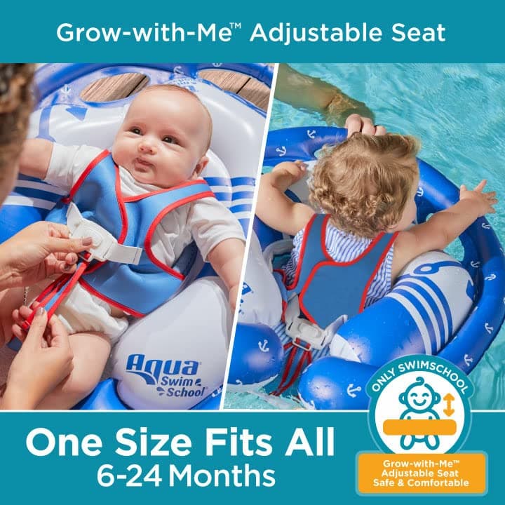 SwimSchool Freestyle Swimmer Baby Pool Float with Multi-Position, Adjustable Safety Seat, Free Swimming, Dual Air Chambers Safe, Red-White-Blue Nautical