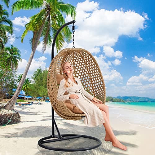 Hanging Egg Chair with Stand & Cushions, Outdoor and Indoor Hammock Rattan Swing Chair 350 lbs Capacity with Aluminum Steel Frame for Patio, Balcony, Backyard and Living Spaces (Light Brown)