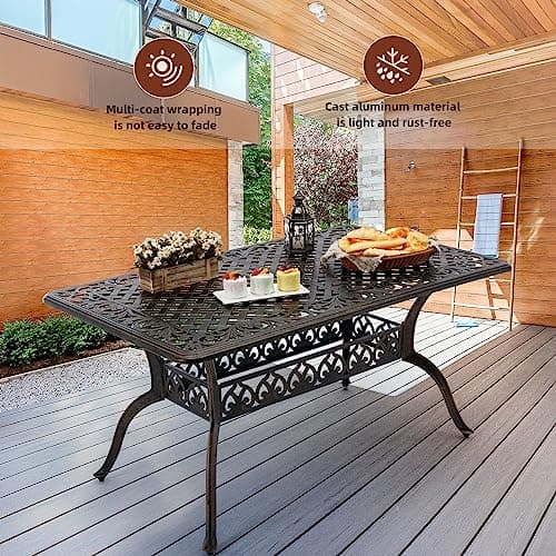 7-Piece Cast Aluminum Outdoor Table and Chairs, Antique Bronze Patio Dining Set for 6 Include 60" Rectangular Outdoor Dining Table and 6 Swivel Chairs with Removable Cushion and Umbrella Hole
