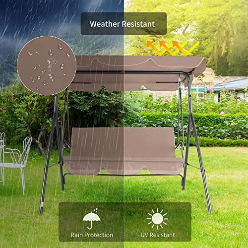 3-Seat Patio Swing Chair, Outdoor Porch Swing with Adjustable Canopy and Durable Steel Frame for Patio, Garden, Poolside(Brown)