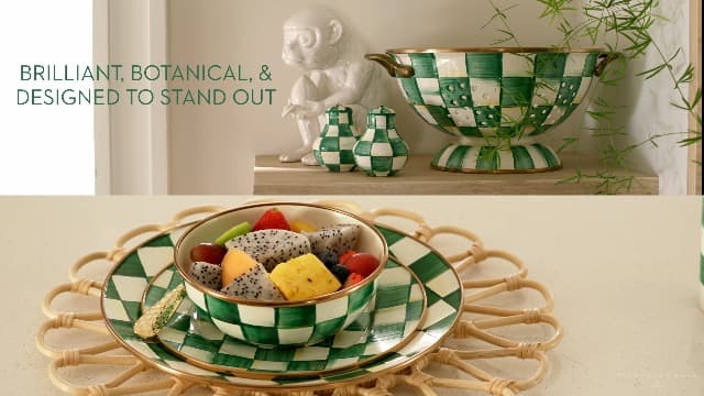 MACKENZIE-CHILDS Enamel Tea Kettle, Stylish Tea Kettle for Stovetop, Green-and-White Emerald Check, 2 Quarts
