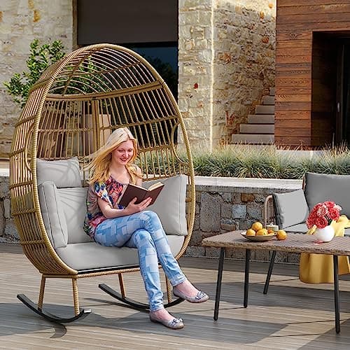YITAHOME Wicker Egg Chair - Outdoor Rocking Chair for Patio, Grey