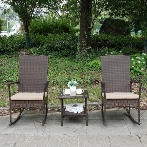 Outdoor Rocking Chair 3 Pieces High-Backed Rocking Chair Patio Rocking Chairs Outdoor Table, Khaki