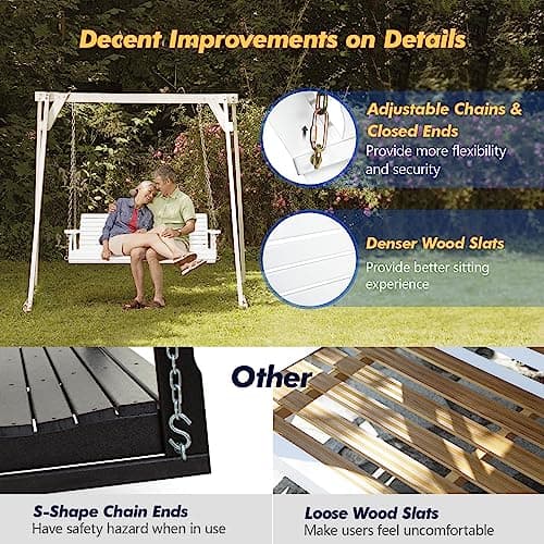 VINGLI Upgraded Patio Wooden Porch Swing for Courtyard & Garden, Heavy Duty 880 LBS Swing Chair Bench with Hanging Chains for Outdoors (5 FT, White)