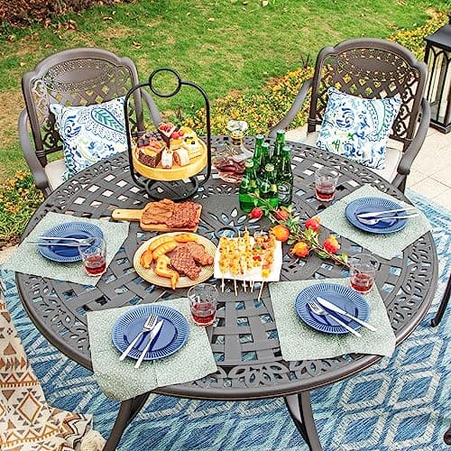 Sophia & William Outdoor Dining Table 6-Person Round Cast Aluminium, Patio Bistro Table with 2.2" Umbrella Hole for Porch Backyard, Bronze