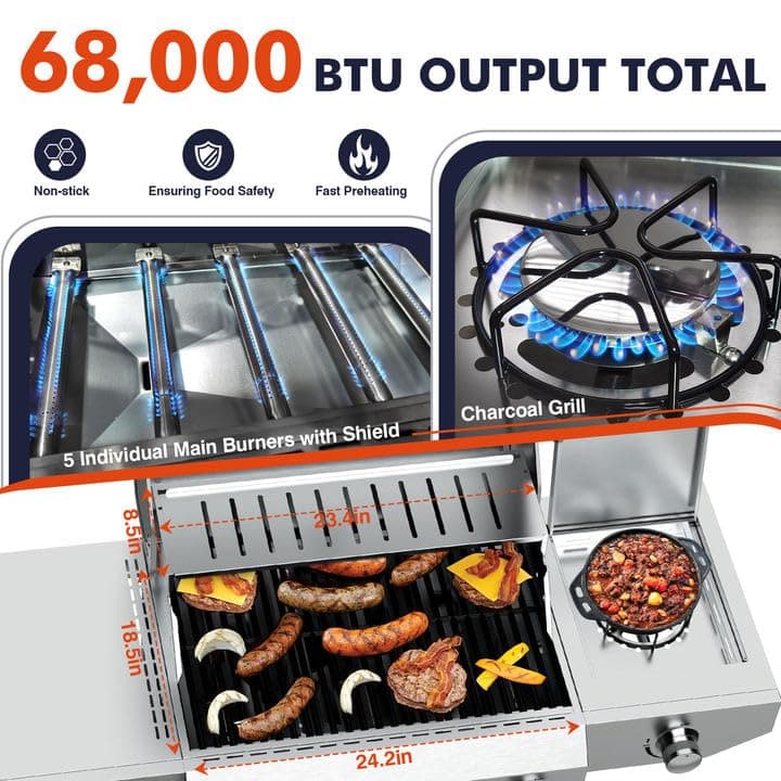 Llamaviva 5 Burner Propane Gas Grill with Side Burner,Stainless Steel BBQ Grill with Porcelain-Enameled Cast Iron Grates, 68000 BTU Cabinet-Style Cart Design for Outdoor Patio Barbecue- food clip