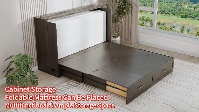 Queen Murphy Bed with Tri-Folding Mattress, Space-Saving Queen Size Wall Bed Built-in Charging Station, Foldable Murphy Bed Cabinet with 2 Storage Drawers for Bedroom, Guest Room, Cherry