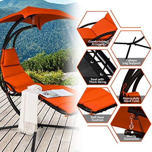Giantex Hanging Chaise Lounger Chair, Arc Stand Porch Swing Chair w/Canopy, Cushion Built-in Pillow, Outdoor Freestanding Swing Hammock Chair for Patio Poolside Backyard Garden (Orange)