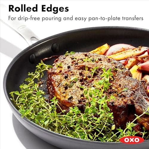OXO 12” Nonstick Frying Pan Skillet, Enhanced PFAS-Free Ceramic Nonstick, Durable Hard Anodized Cookware, Scratch Resistant, Good Grips, Easy Clean Dishwasher Safe, Oven Safe, Drip Free Pours, Black
