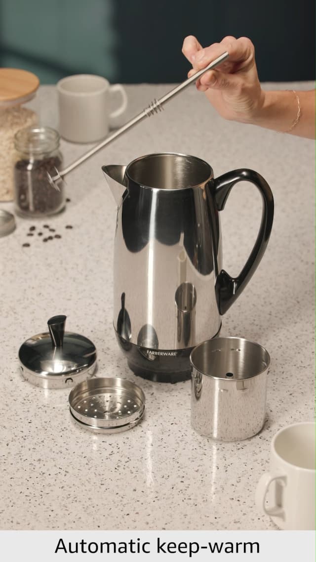 Farberware 12 Cup Electric Coffee Percolator, Coffee Maker with Stainless Steel Basket, Automatic Keep Warm, No-Drip Spout