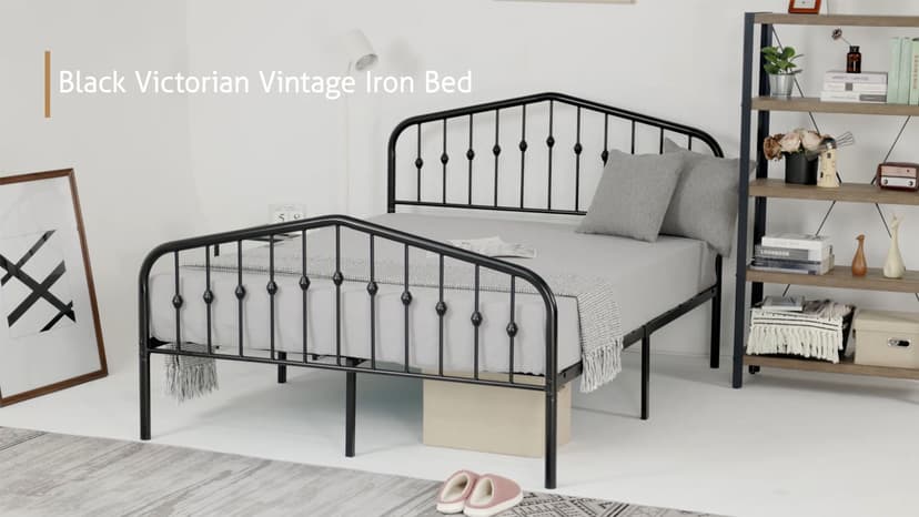 SHA CERLIN Queen Size Metal Platform Bed Frame with Victorian Style Wrought Iron-Art Headboard/Footboard, No Box Spring Required, Black