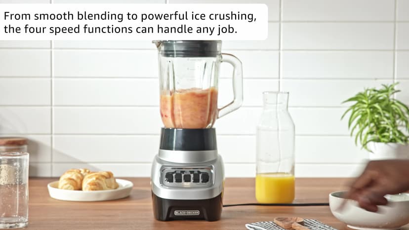 BLACK+DECKER PowerCrush Countertop Blender, 6-Cup Glass Jar, For Smoothies and More, Stainless Steel Blade, 4 Speed Settings to Puree, Crush Ice, Chop, Dice, and Pulse, Dishwasher Safe, 700W Motor
