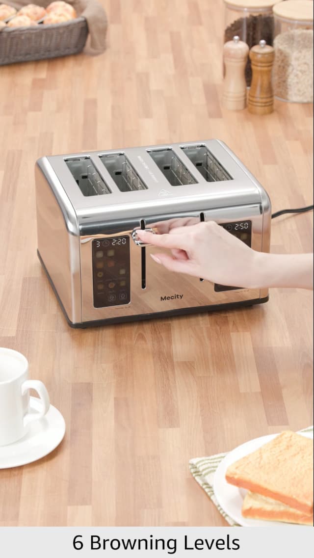 Mecity 4 Slice Toaster with Touch Screen Control, 4 Wide Slots, Stainless Steel Smart Bread Toaster for Bagels, Muffins, Waffles, Dual Control Panel, Timer, Defrost, Reheat, 120V 1650W