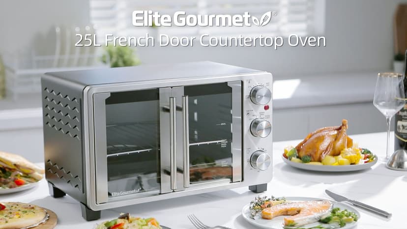 Elite Gourmet ETO2530M Double French Door Countertop Toaster Oven, Bake, Broil, Toast, Keep Warm, Fits 12" pizza, 25L capacity, Stainless Steel & Black