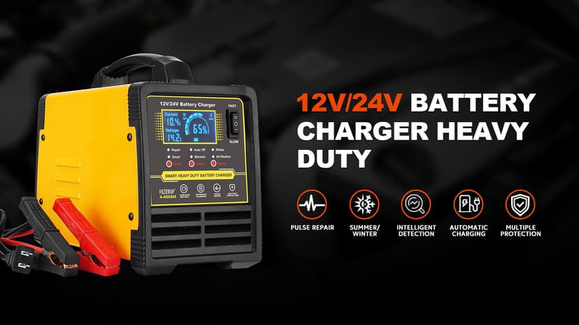 12V 24V Lead-Acid Battery Charger Heavy Duty, 0-15A Smart Automatic Battery Maintainer, Trickle Charger with Repair, Auto Off, Winter Summer Mode, for Car Truck Boat Motorcycle RV Lawn Mower (Yellow)