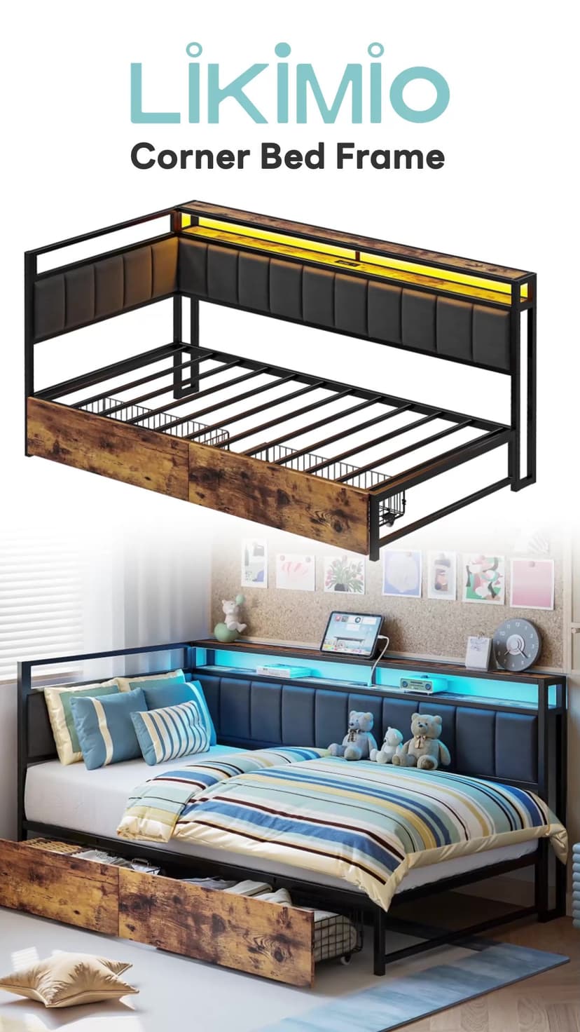 LIKIMIO Corner Bed Frame Twin Daybed with Storage Drawers, Metal Platform Bed Frame with LED Light, Charging Station & Fabric Upholstered Fence, Black