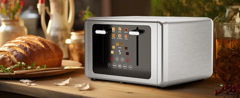 4 Slice Toaster, Touchscreen & Dual Independent Control Panel，5 Basic Functions & Digital Countdown Toasters, 6 Shade Settings＆6 Bread Types, Smart Bread Maker Mute/Screen-Off,Platinum