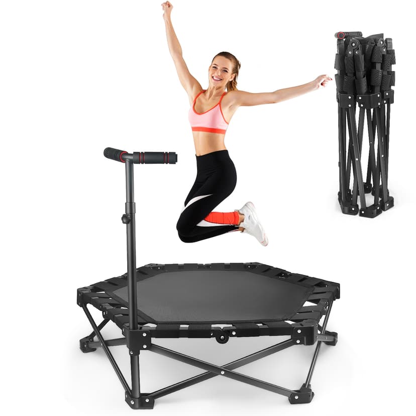 Foldable Mini Trampoline — One-Step Fold & Open, 42" Rebounder Trampoline for Adults & Kids, 450lbs Max Load, Adjustable T-Bar, Indoor & Outdoor Workout
