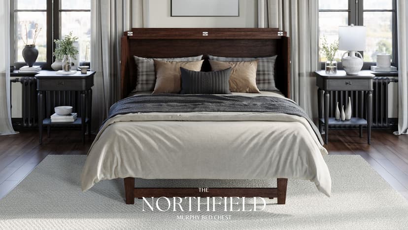 AFI, Northfield Queen Murphy Bed Chest with 6" Mattress, Storage Drawer & Built-in USB Charger, Light Toffee