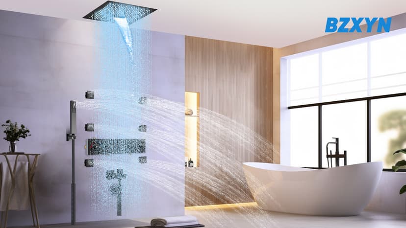 Smart Shower System with Body Jets, Black Shower Head and Handle Set,16" Ceiling Mount Rainfall Waterfall Shower Jets System with Tub Spout,Thermostatic Shower System Bathroom with Music and Led Light