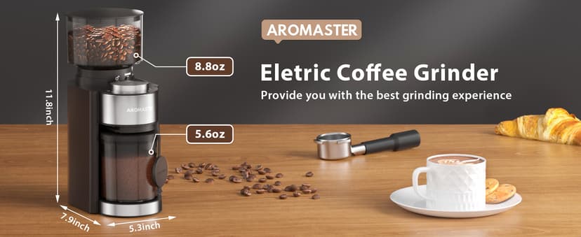 Aromaster Burr Coffee Grinder with 25 Grind Setting, Adjustable 2-12 Cups Timer, Professional Conical Coffee Bean Grinders for Home Use, 3-Ears Portafilter Holder, Anti-static, Cleaning Brush, Black