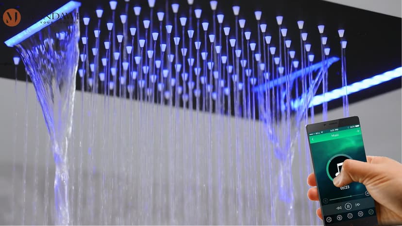 MONDAWE 23" Full Body Thermostatic Shower Jets System, 64-Color LED Music Waterfall Rainfall Luxury Shower Head System with 6 Spray Jets, Ceiling Mount Rain Shower Faucet Set, Matte Black