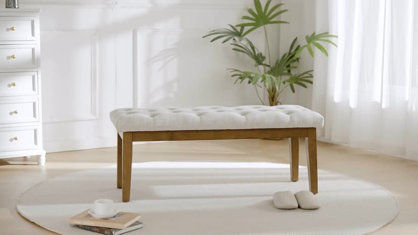 HUIMO Bedroom Bench for End of Bed, Upholstered Dining Seat for Kitchen, Button-Tufted Ottoman Bench for Entryway and Living Room, Beige