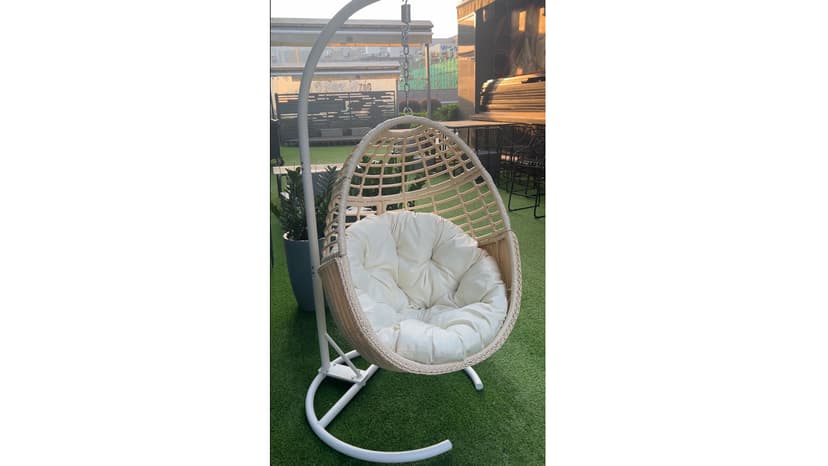 TWT Egg Swing Chair with Stand Hanging Egg Chair Outdoor - Rattan Wicker Patio Hanging Basket Chair Hammock Chair with Metal Frame and UV Resistant Cushion for Indoor Bedroom Balcony (Beige)