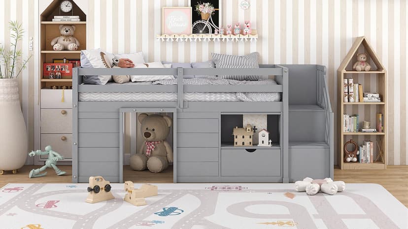 Okak Twin Size Low Loft Bed with Playhouse Loft Bed Frame with Drawer, Shelf,Stairs and Safety Guardrail for Teens, Girls or Boys Loft, Strong Wood Slats Support,Gray