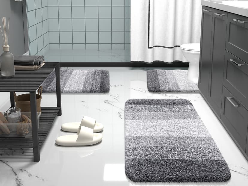 OLANLY Bathroom Rugs Sets 3 Piece, Soft Absorbent Microfiber Bath Mats and U-Shaped Contour Toilet Rug, Plush Shaggy Bath Mat Set for Bathroom (30"x20"+24"x16"+24"x20", Grey)