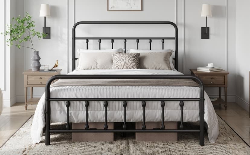 Yaheetech Classic Metal Platform Bed Frame Mattress Foundation with Victorian Style Iron-Art Headboard/Footboard/Under Bed Storage/No Box Spring Needed/Queen Size Black