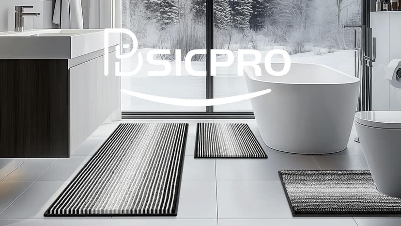 BSICPRO Bathroom Rugs Sets 3 Piece, Toilet Rugs U-Shaped Contour Bath Mat Set, Striped Absorbent Non Slip Chenille Shower Mats for Bathroom, Black