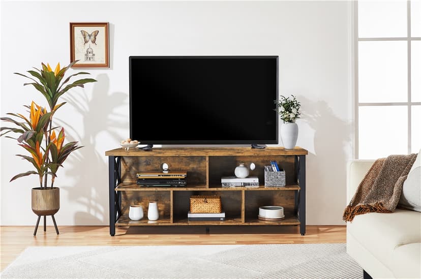 Yaheetech TV Stand for Living Room, Industrial Entertainment Center for 65 Inch TV, Rustic TV Console Stand with Storage Cabinets Wood and Metal, Rustic Brown